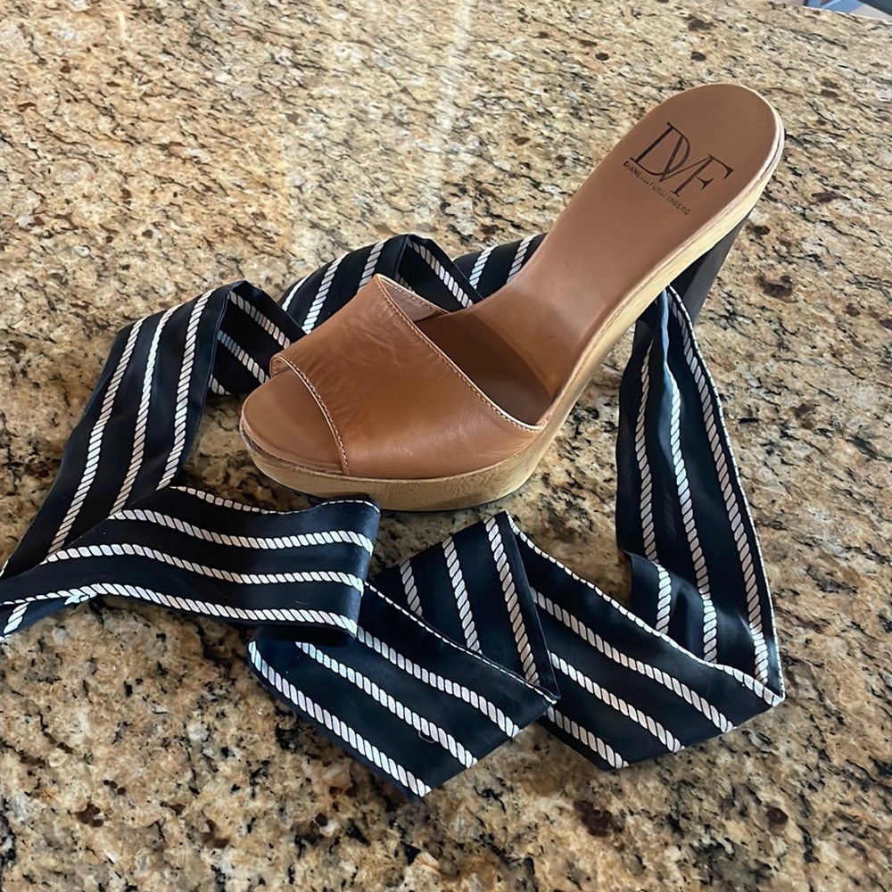 DVF Diane von Fürstenberg platform silk ankle wrap heel- natural waxed leather